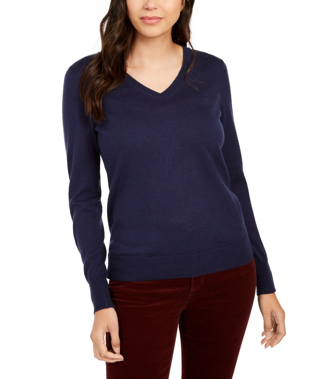 Suéter feminino de lã merino com botões e decote em V, azul Intrepid, tamanho extragrande
