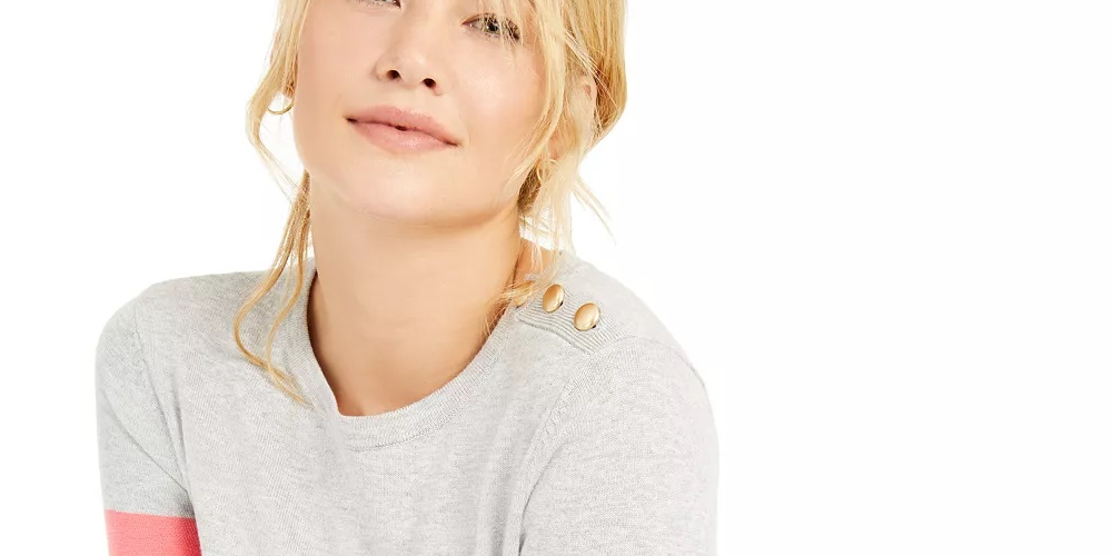 Suéter feminino listrado com botões e ombros Charter Club, cinza, tamanho pequeno