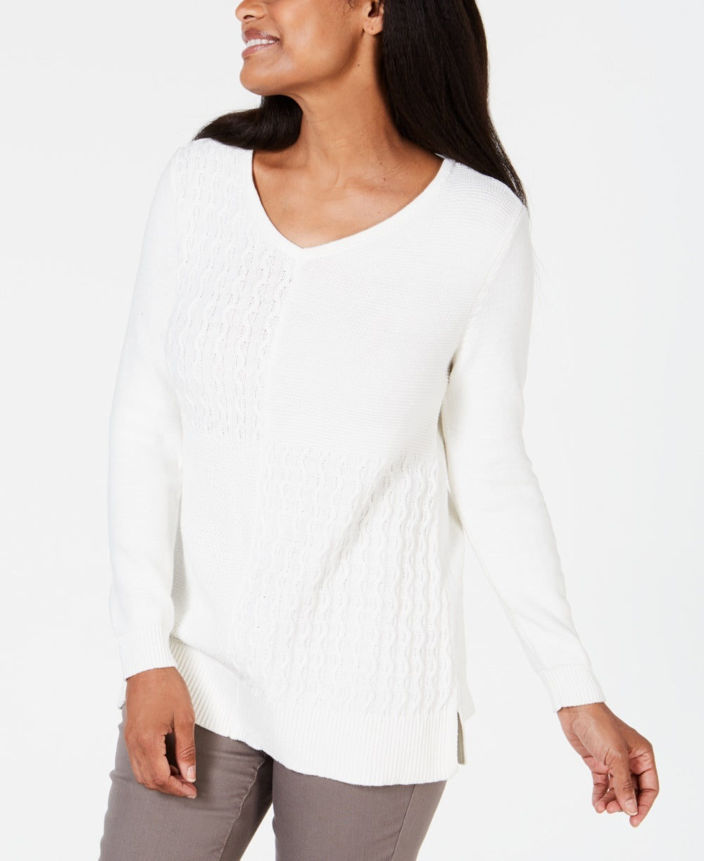 Suéter feminino Karen Scott de algodão com pontos mistos, branco, tamanho X-S
