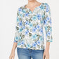 Blusa feminina Karen Scott com estampa floral e manga 3/4, azul, tamanho XS