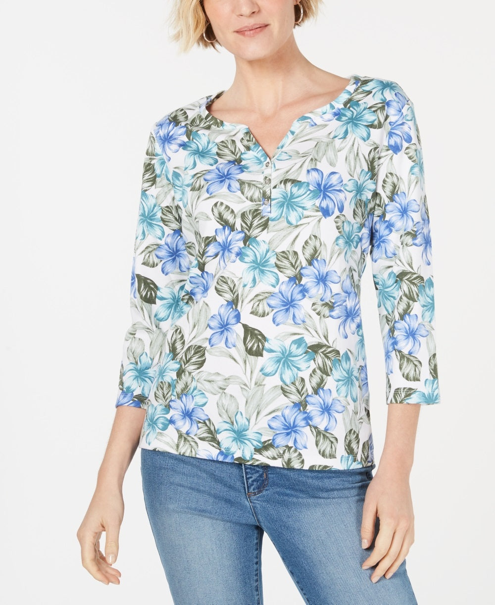 Blusa feminina Karen Scott com estampa floral e manga 3/4, azul, tamanho XS