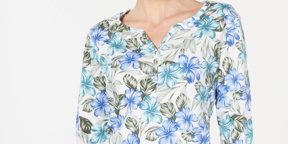 Blusa feminina Karen Scott com estampa floral e manga 3/4, azul, tamanho XS