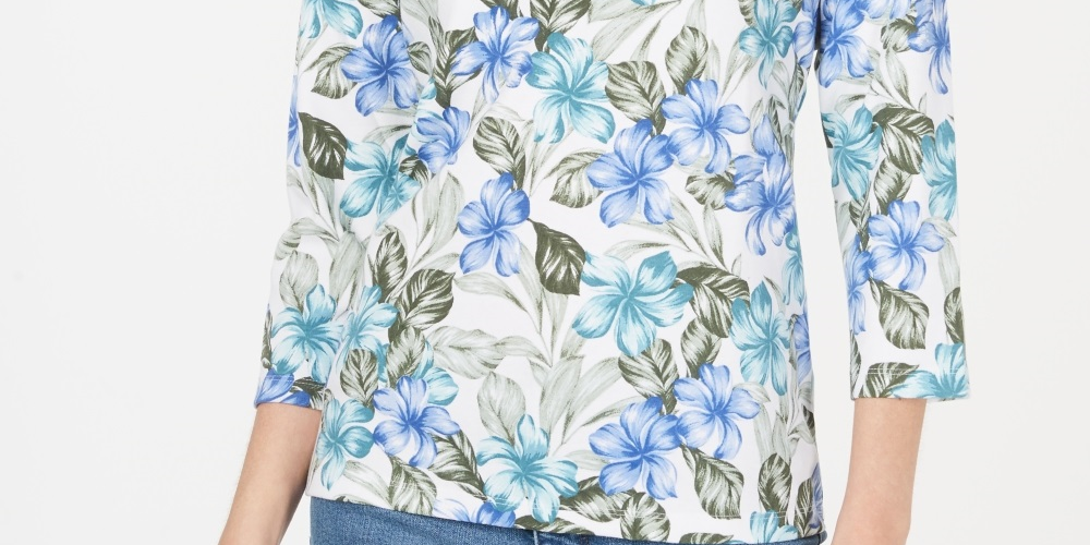 Blusa feminina Karen Scott com estampa floral e manga 3/4, azul, tamanho XS