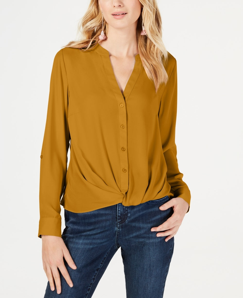 Blusa feminina com botões e frente torcida, tamanho pequeno, amarelo, da INC International Concepts