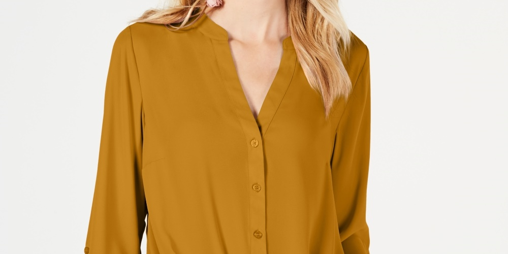 Blusa feminina com botões e frente torcida, tamanho pequeno, amarelo, da INC International Concepts