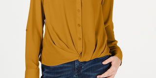 Blusa feminina com botões e frente torcida, tamanho pequeno, amarelo, da INC International Concepts