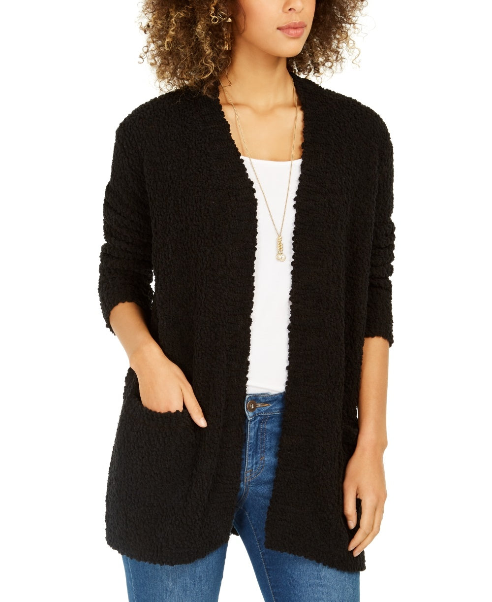 Cardigan feminino estilo pipoca com frente aberta, preto, tamanho extrapequeno