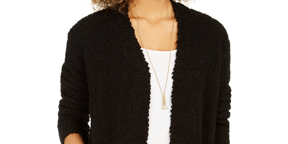 Cardigan feminino estilo pipoca com frente aberta, preto, tamanho extrapequeno