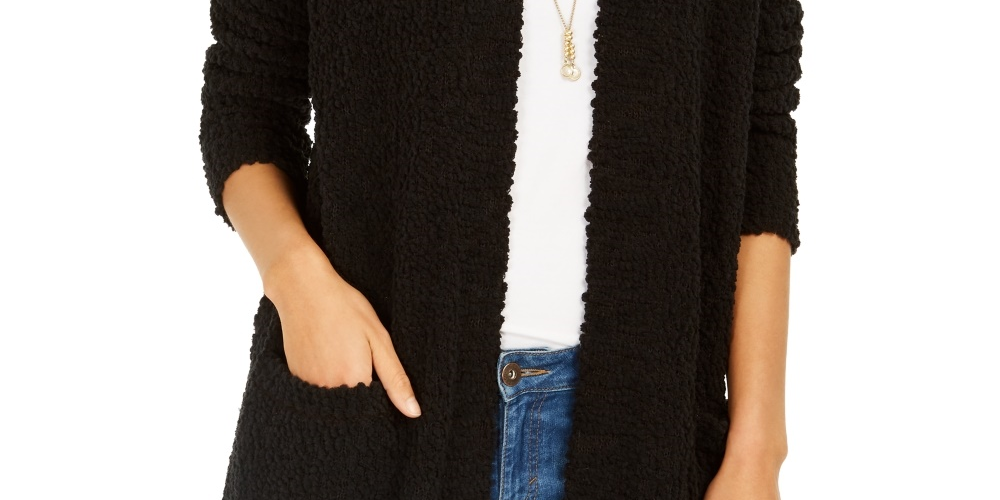 Cardigan feminino estilo pipoca com frente aberta, preto, tamanho extrapequeno