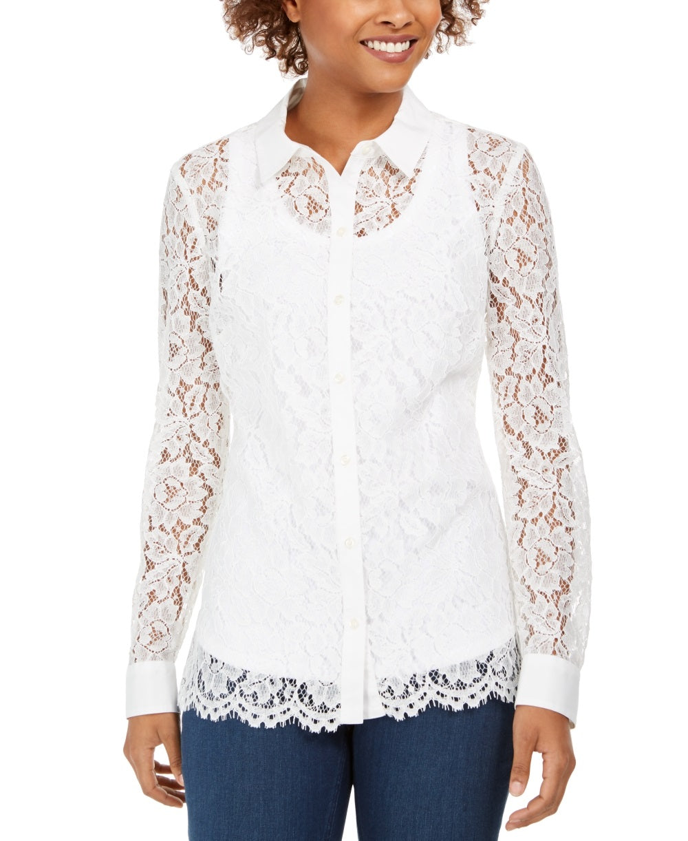 Blusa feminina Charter Club com botões e renda, branca, tamanho X-S