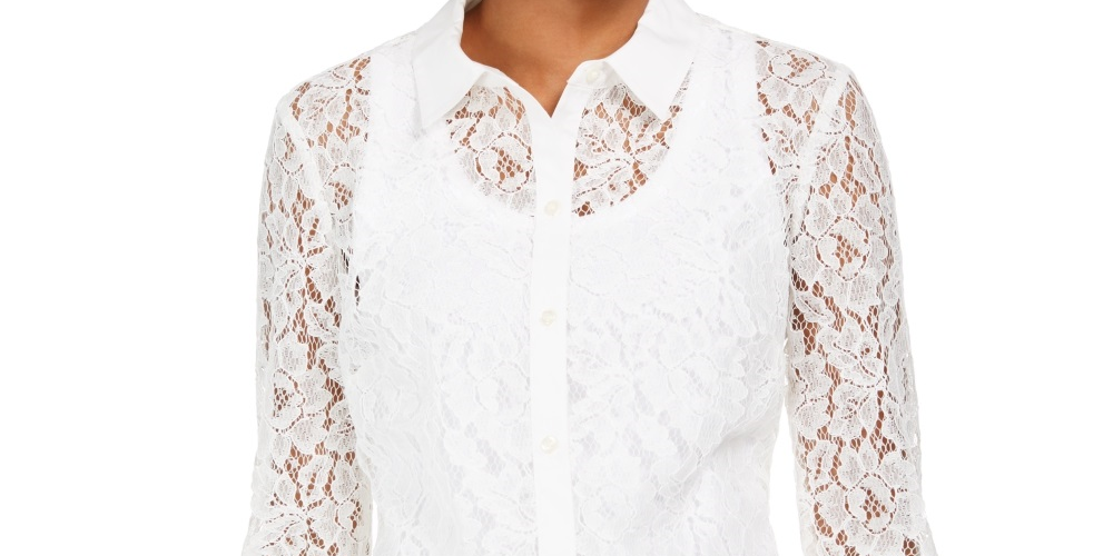 Blusa feminina Charter Club com botões e renda, branca, tamanho X-S