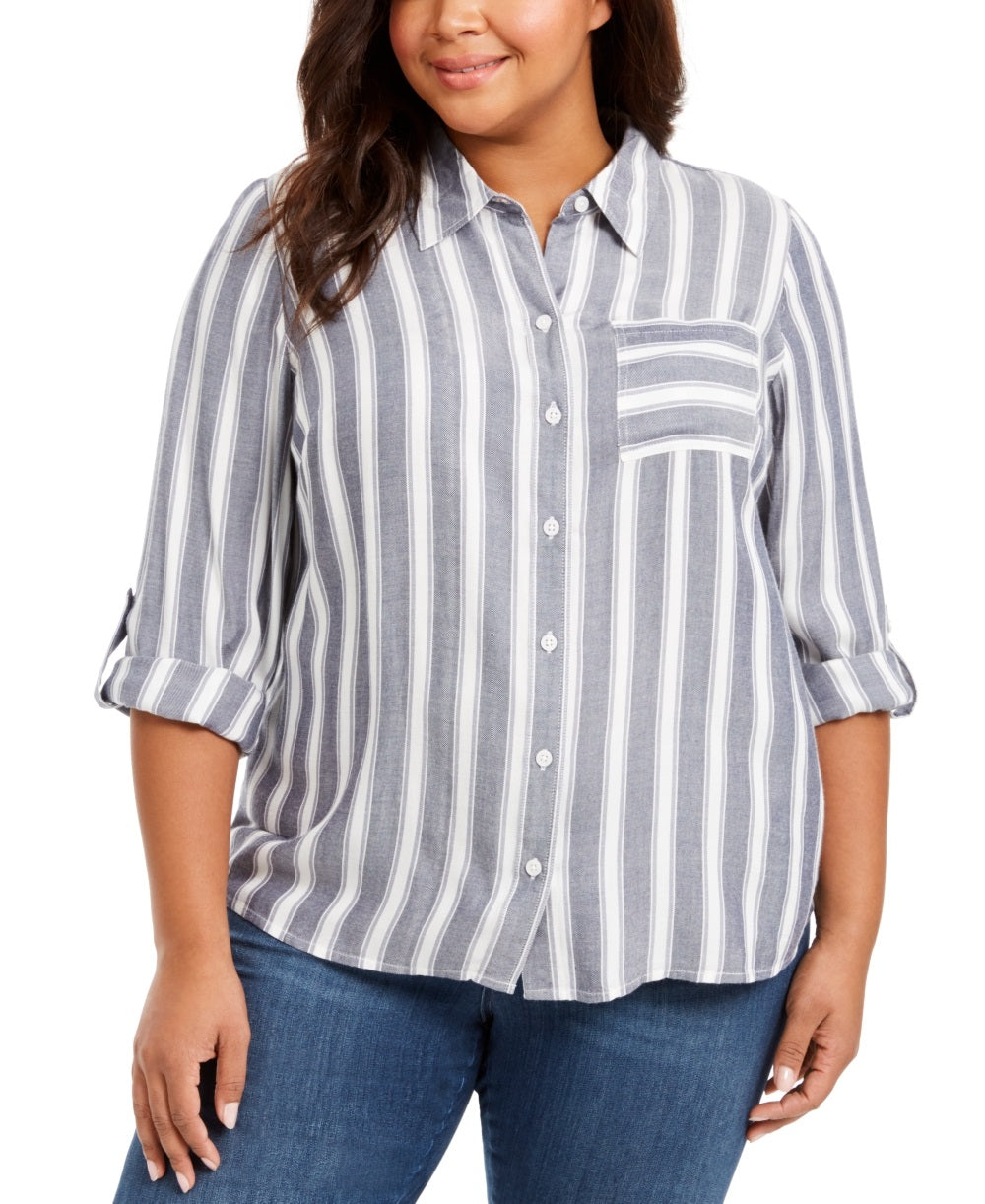 Camisa listrada feminina Style &amp; Co com botões, branca/cinza, tamanho -0X