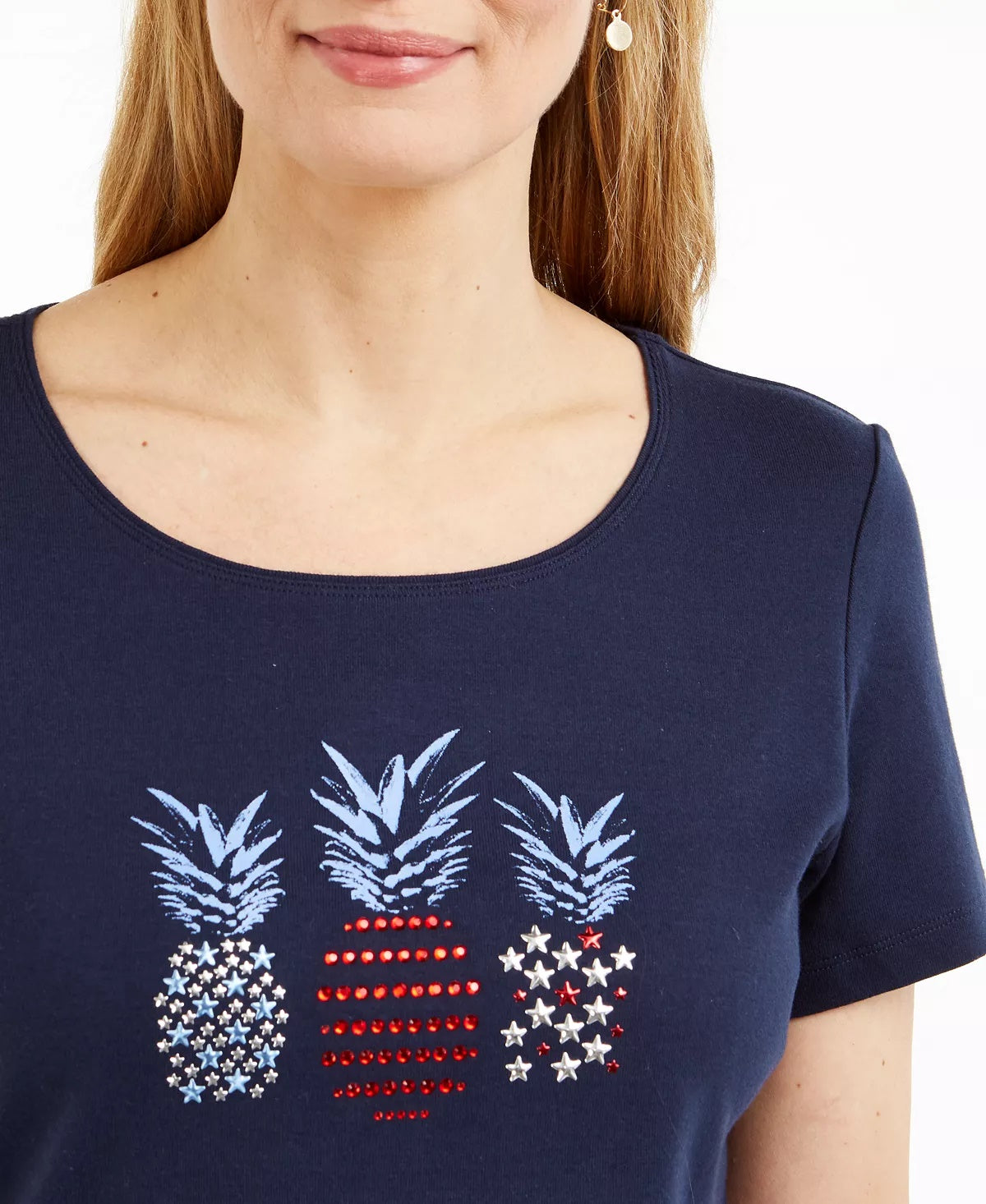 Karen Scott Top feminino de algodão com detalhes em abacaxi, azul marinho, tamanho médio