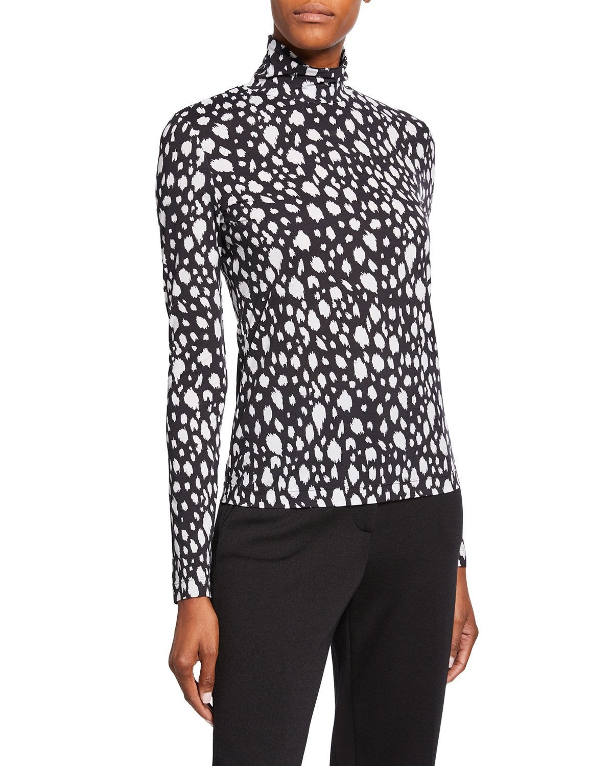 St. John Women's Collection Nuda Snow Leopard Print Jersey Gola Alta Preta Tamanho Pequeno