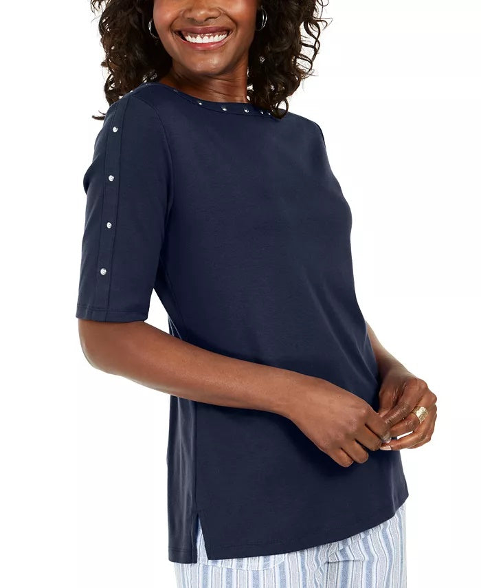 Karen Scott Blusa Feminina Manga Curta Gola Canoa Preto Tamanho P