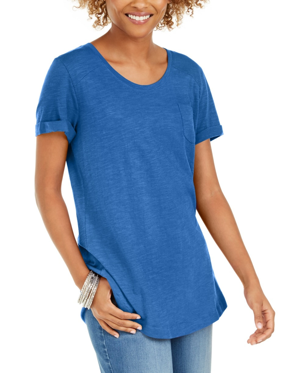 Camiseta feminina de algodão com mangas abotoadas Style &amp; Co, azul-marinho, tamanho X-S