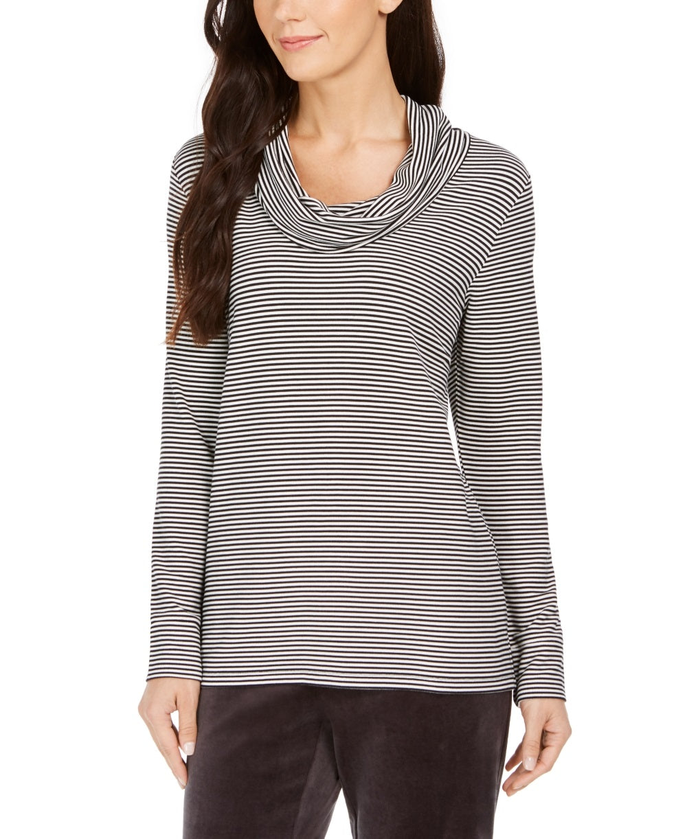 Charter Club Blusa listrada feminina com decote canoa, preta, tamanho X-S