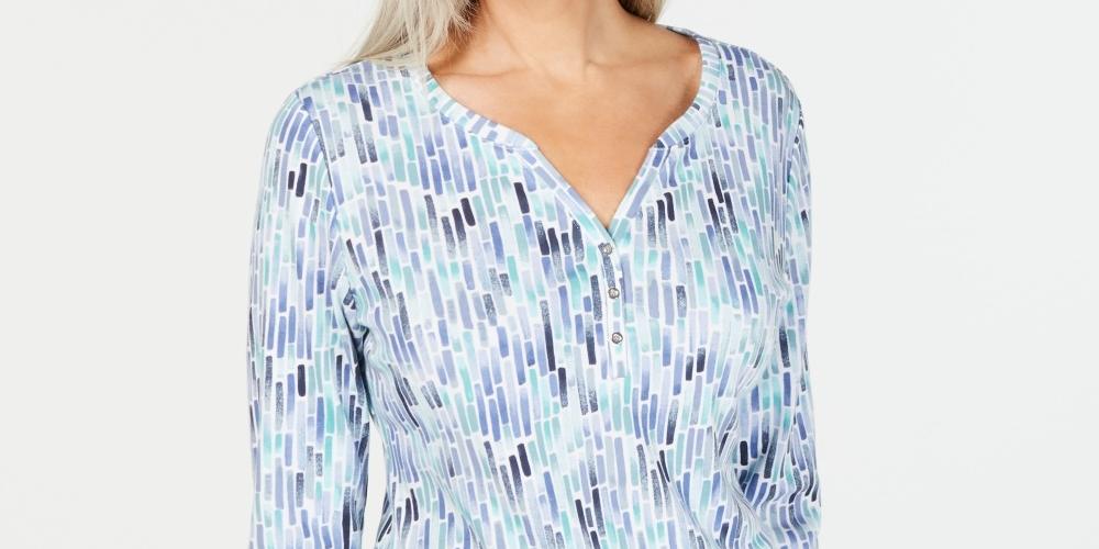 Karen Scott Blusa Henley Feminina Pequena com Estampa Aquarela Azul Escuro Tamanho PXL