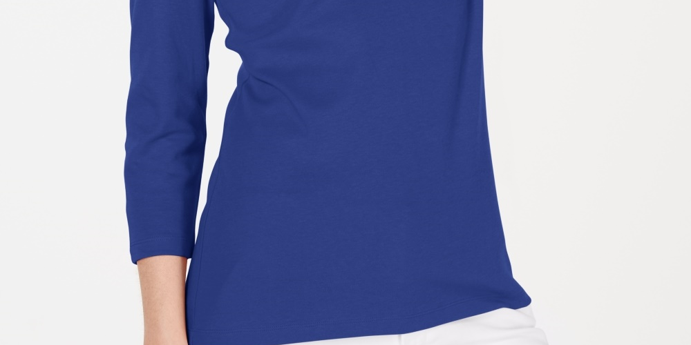 Karen Scott Top feminino de algodão com decote redondo, tamanho 44, azul escuro
