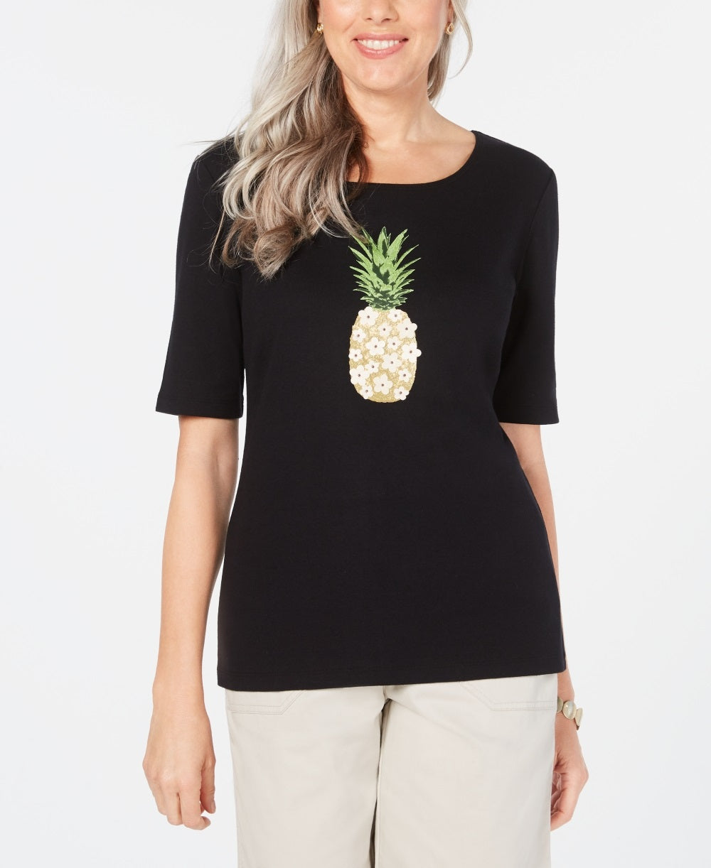 Camiseta feminina Karen Scott de algodão com estampa gráfica de abacaxi, preta, tamanho médio