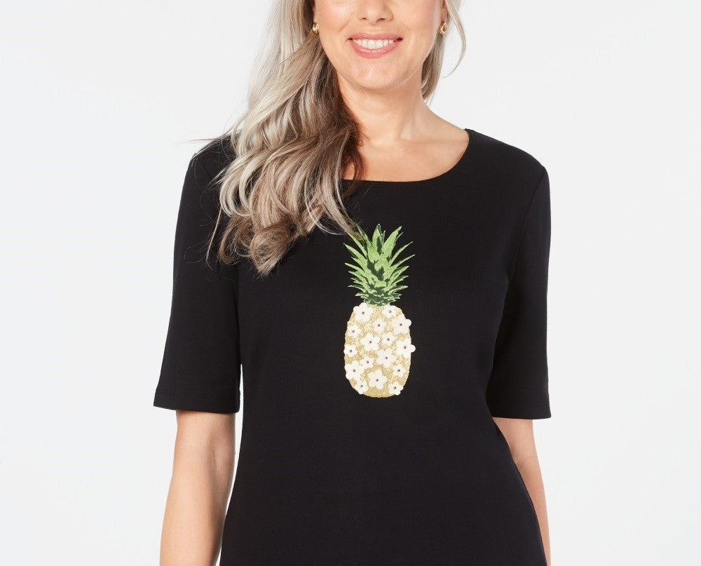 Camiseta feminina Karen Scott de algodão com estampa gráfica de abacaxi, preta, tamanho médio