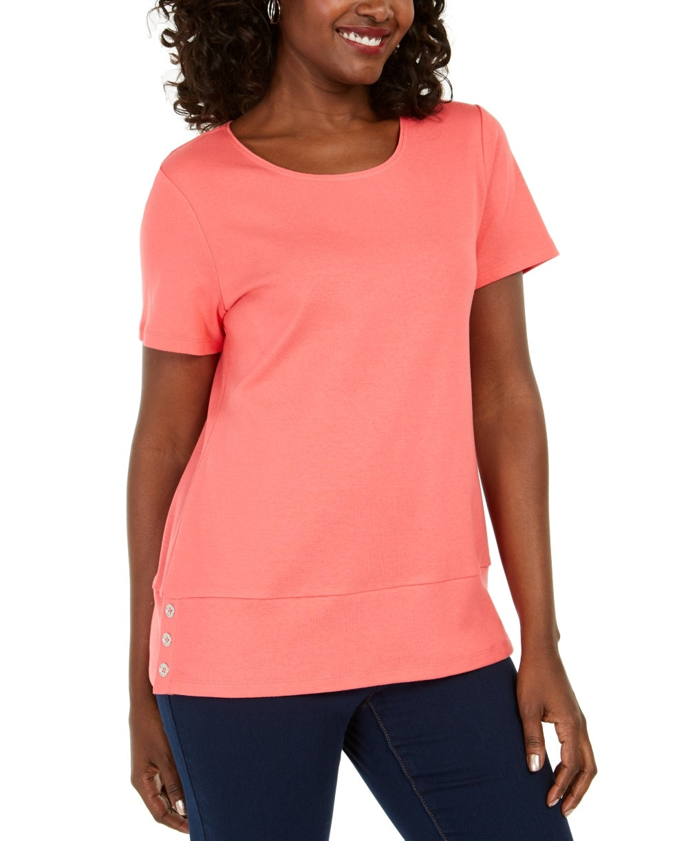 Blusa de algodão com decote redondo e bainha de botão Karen Scott feminina, rosa, tamanho pequeno