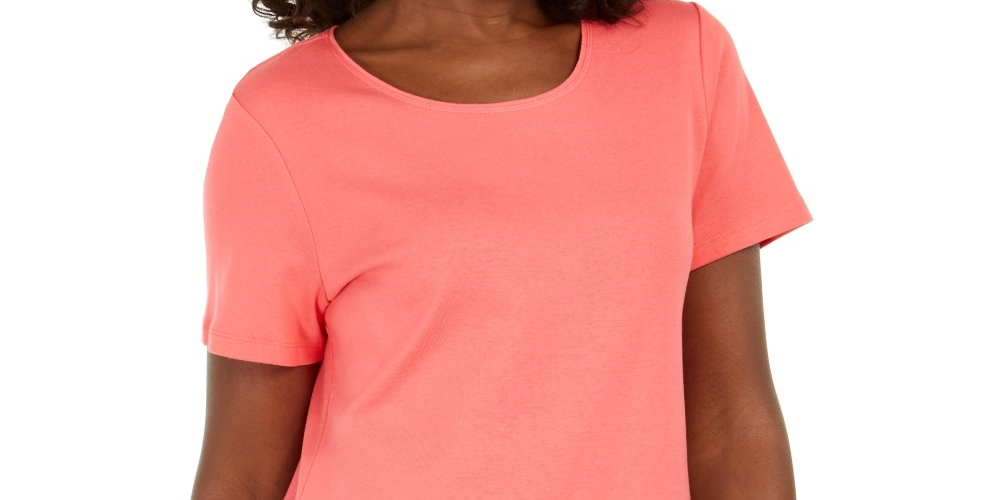 Blusa de algodão com decote redondo e bainha de botão Karen Scott feminina, rosa, tamanho pequeno