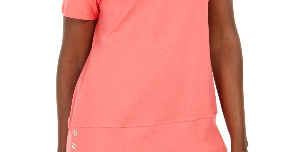 Blusa de algodão com decote redondo e bainha de botão Karen Scott feminina, rosa, tamanho pequeno