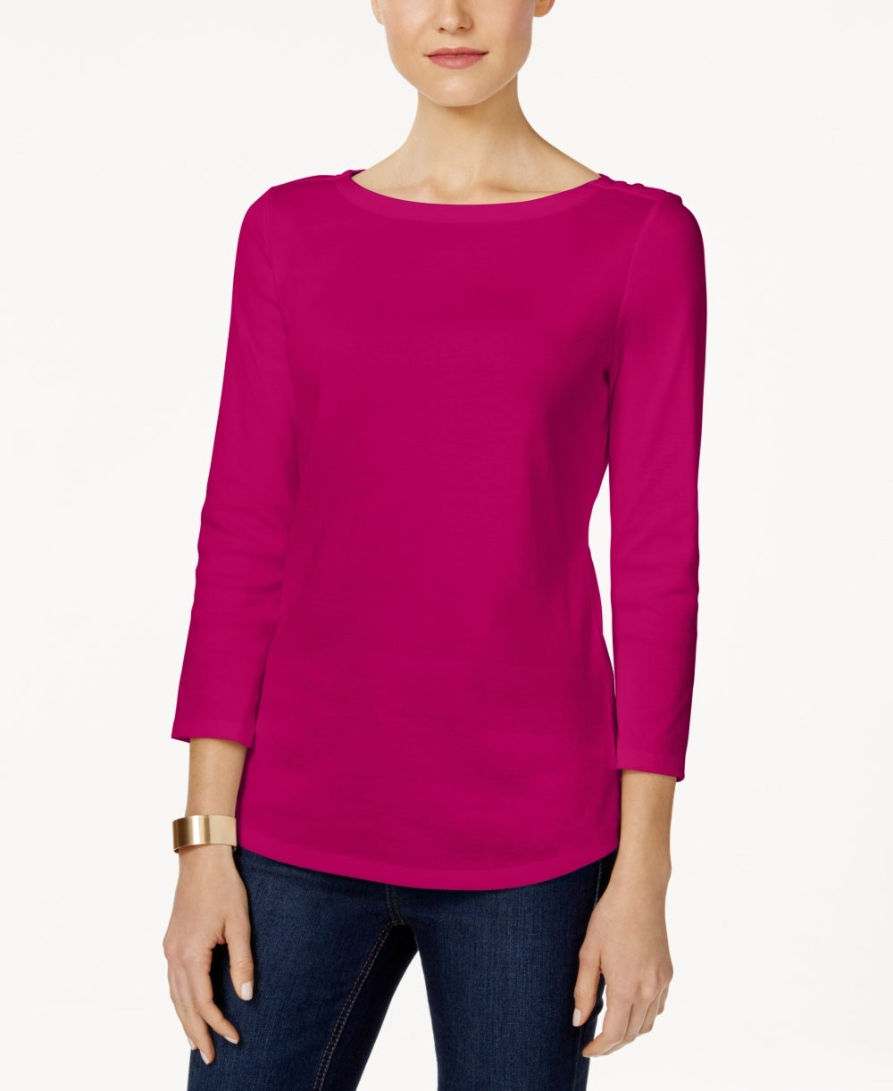 Charter Club Blusa feminina de algodão Pima com decote canoa e botões nos ombros, rosa escuro, tamanho X-S