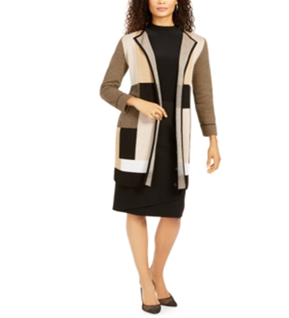 Cardigan feminino Kasper com bloco de cores e frente aberta, tamanho médio