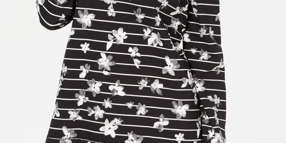 Blusa feminina Karen Scott com estampa floral e gola funil listrada, preta, tamanho PS