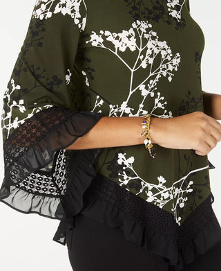 Blusa feminina Alfani com estampa floral e acabamento em renda, verde, tamanho PS