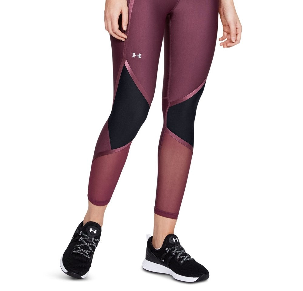 Calça de compressão Under Armour Heatgear Shine Ankle Crop feminina, roxa, tamanho X-S