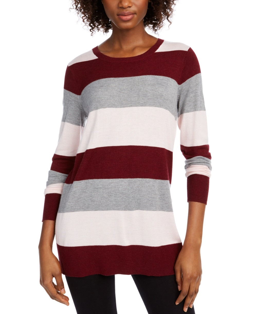 Suéter feminino Maison Jules com estampa de blocos de cores, manga comprida, gola redonda, vinho, tamanho XX-G