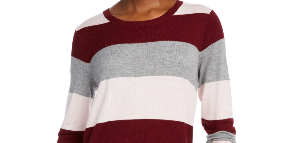 Suéter feminino Maison Jules com estampa de blocos de cores, manga comprida, gola redonda, vinho, tamanho XX-G