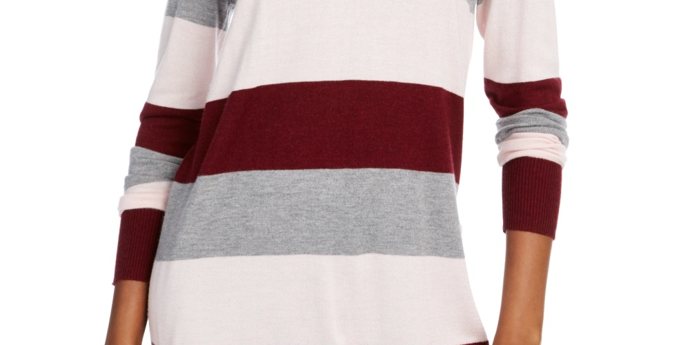 Suéter feminino Maison Jules com estampa de blocos de cores, manga comprida, gola redonda, vinho, tamanho XX-G