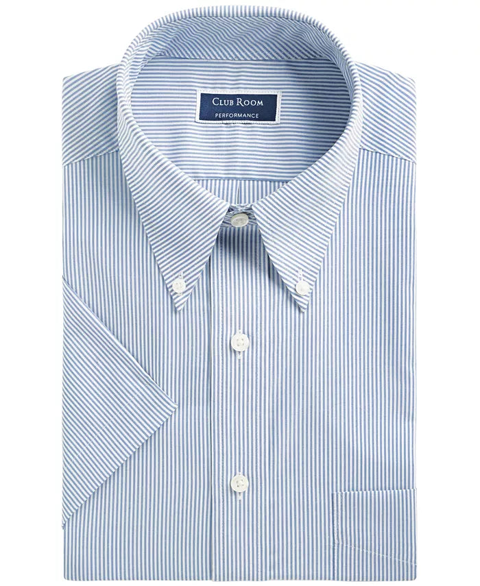 Camisa social masculina Club Room Classic/Regular Fit Stretch Bengal Stripe Manga Curta Azul Marinho Tamanho 14,5