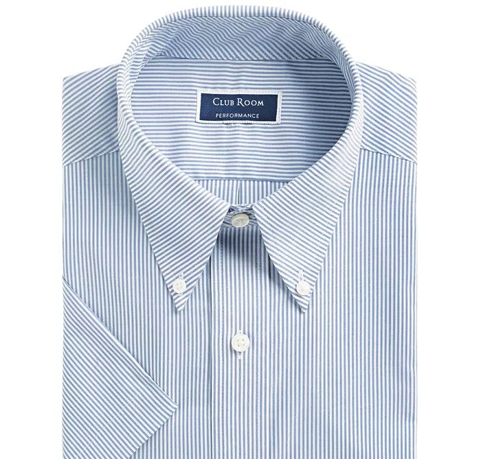 Camisa social masculina Club Room Classic/Regular Fit Stretch Bengal Stripe Manga Curta Azul Marinho Tamanho 14,5