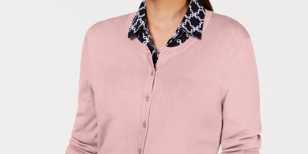 Cardigan feminino de manga comprida com botões frontais, rosa, tamanho extrapequeno, Charter Club