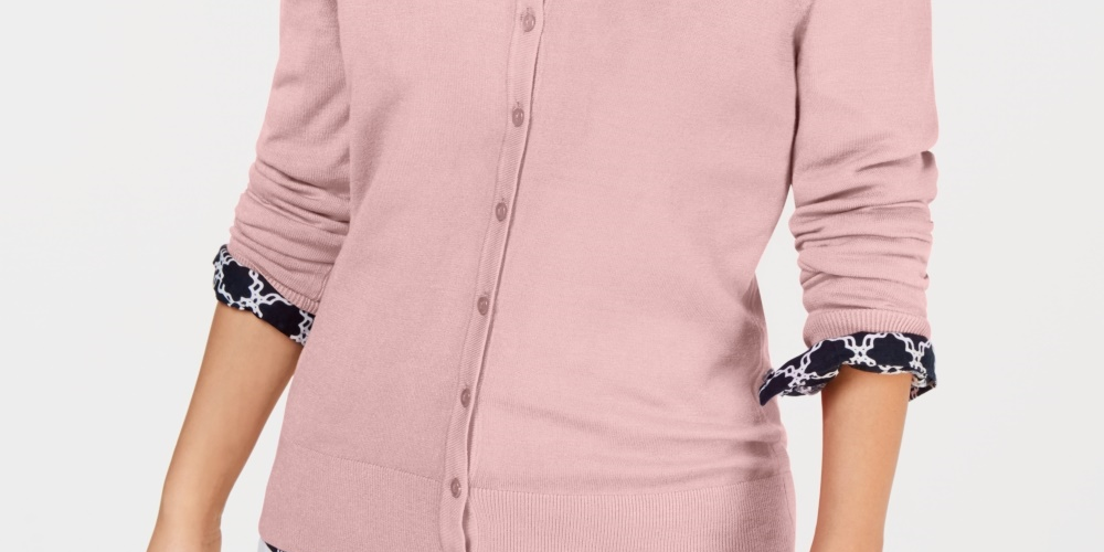 Cardigan feminino de manga comprida com botões frontais, rosa, tamanho extrapequeno, Charter Club
