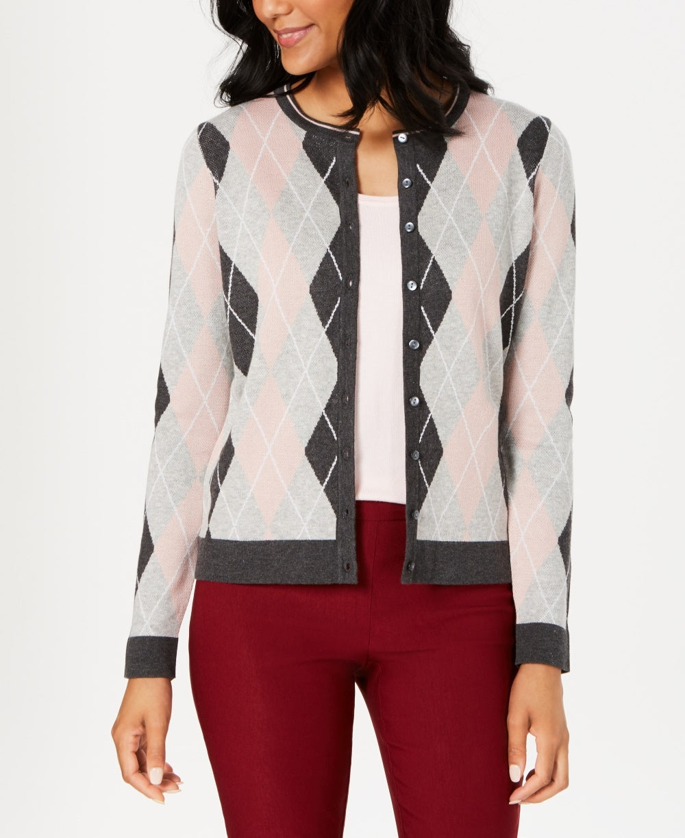 Cardigan feminino de malha argyle Charter Club cinza escuro tamanho X-S