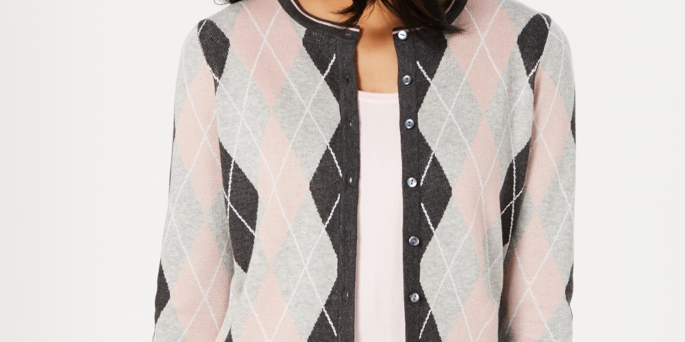 Cardigan feminino de malha argyle Charter Club cinza escuro tamanho X-S