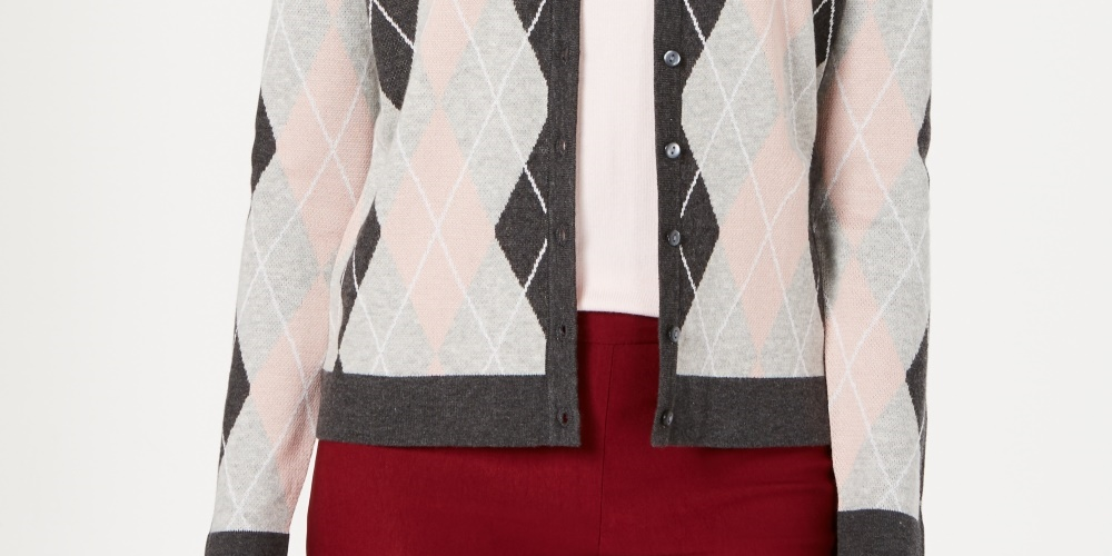 Cardigan feminino de malha argyle Charter Club cinza escuro tamanho X-S