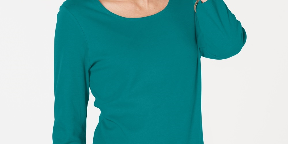 Blusa feminina Karen Scott de algodão com decote redondo, verde, tamanho PXL