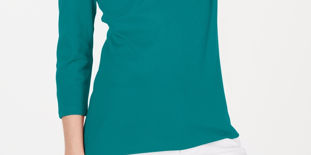 Blusa feminina Karen Scott de algodão com decote redondo, verde, tamanho PXL