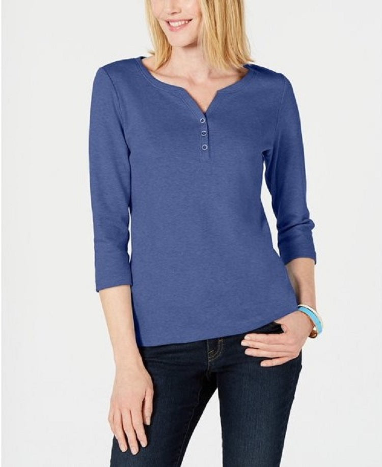Karen Scott Top Henley de Algodão Feminino Azul Tamanho P