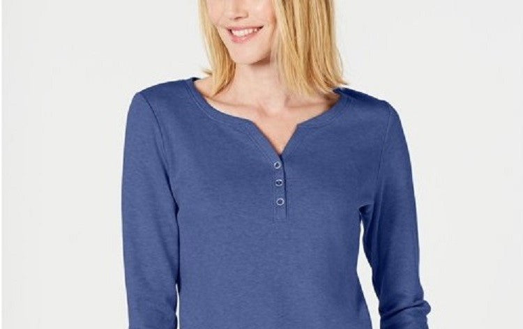 Karen Scott Top Henley de Algodão Feminino Azul Tamanho P