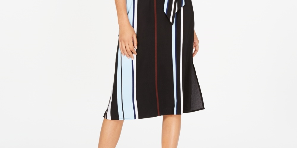 Vestido midi listrado com cinto Alfani feminino, preto, tamanho 2, pequeno