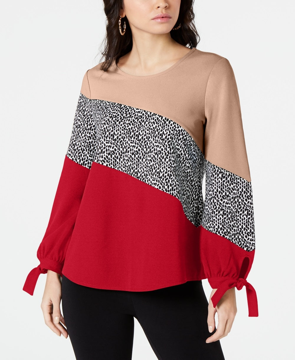 Blusa feminina Alfani com estampa de blocos de cores e mangas amarradas, preta, tamanho pequeno G