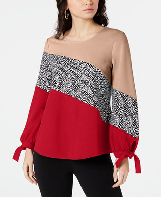Blusa feminina Alfani com estampa de blocos de cores e mangas amarradas, preta, tamanho pequeno G